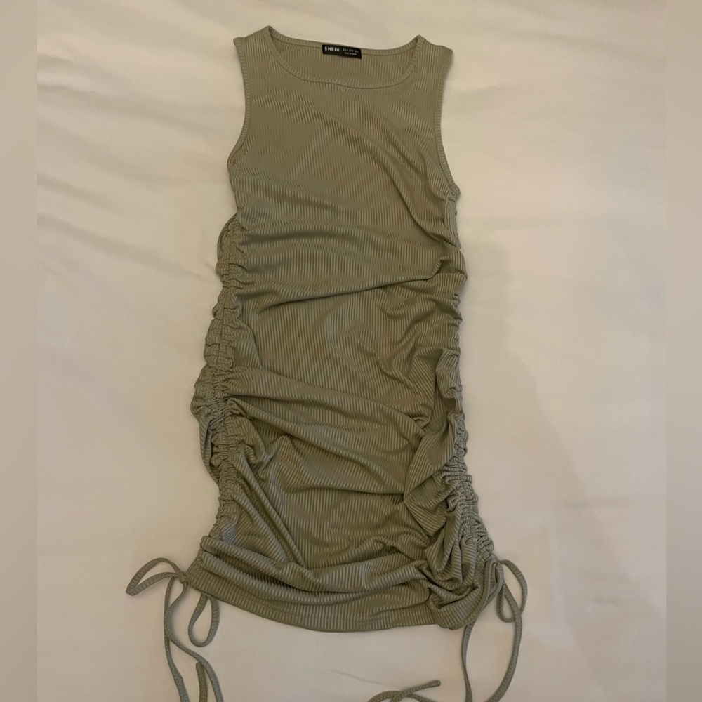 Side Ruched Adjustable Sage Green Dress